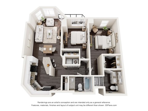 Floor plan for 2 beds, 2 baths, 1169 sqft
